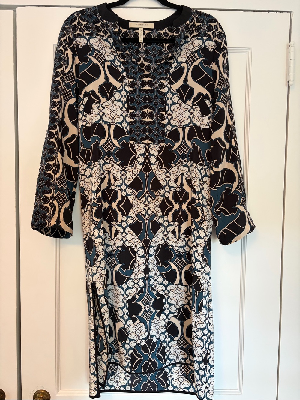 BCBGMaxAzria Runway, Black, Teal, and White Printed Long-Sleeve Silk Shift Dress